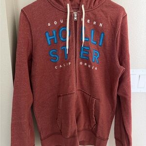 Hollister Men's Brick Red Zip-Up Hoodie